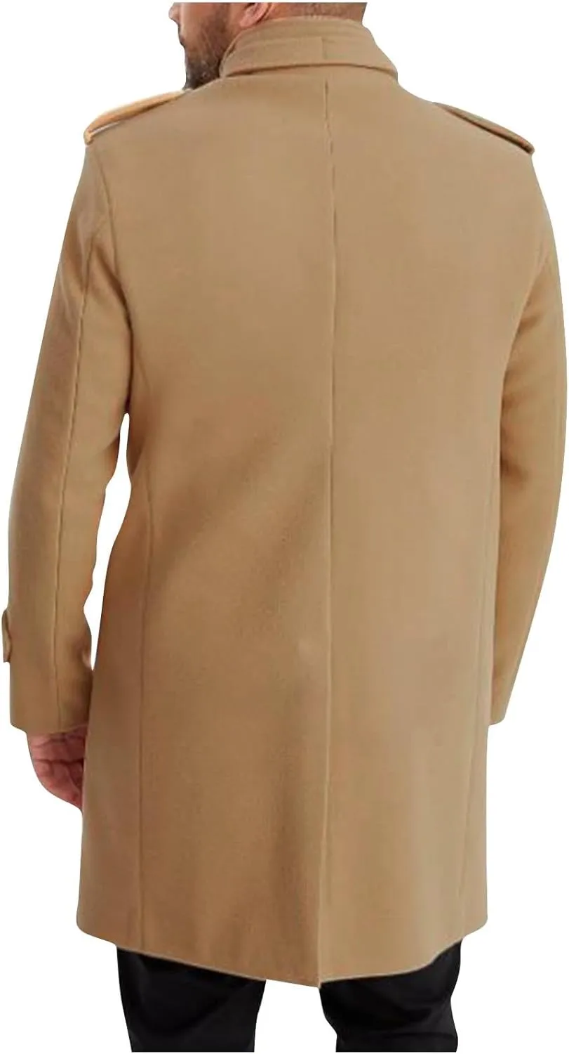 Mens Mid Long Trench Coat Winter Buttons Peacoats Casual Business Warm Woolen Overcoat Stand Collar Windproof Jacket