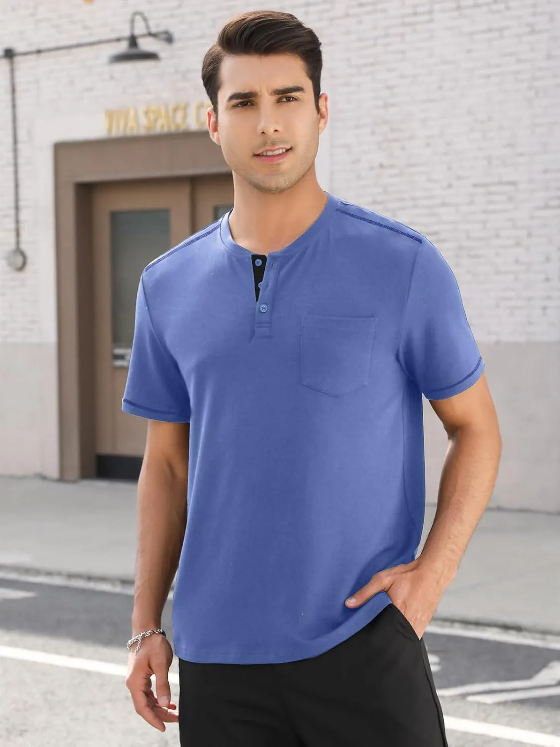 Mens Plain Henley Shirts Short Sleeve Casual Button T Shirts Basic Tee Shirts Summer T-Shirts