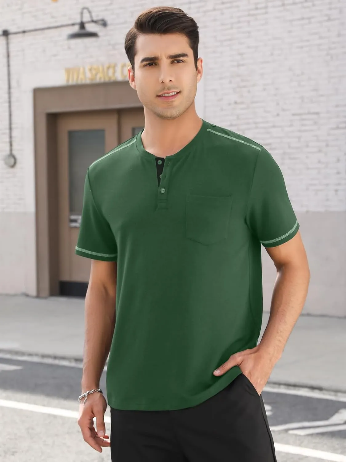 Mens Plain Henley Shirts Short Sleeve Casual Button T Shirts Basic Tee Shirts Summer T-Shirts