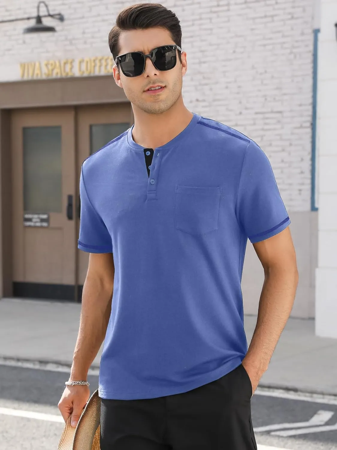 Mens Plain Henley Shirts Short Sleeve Casual Button T Shirts Basic Tee Shirts Summer T-Shirts