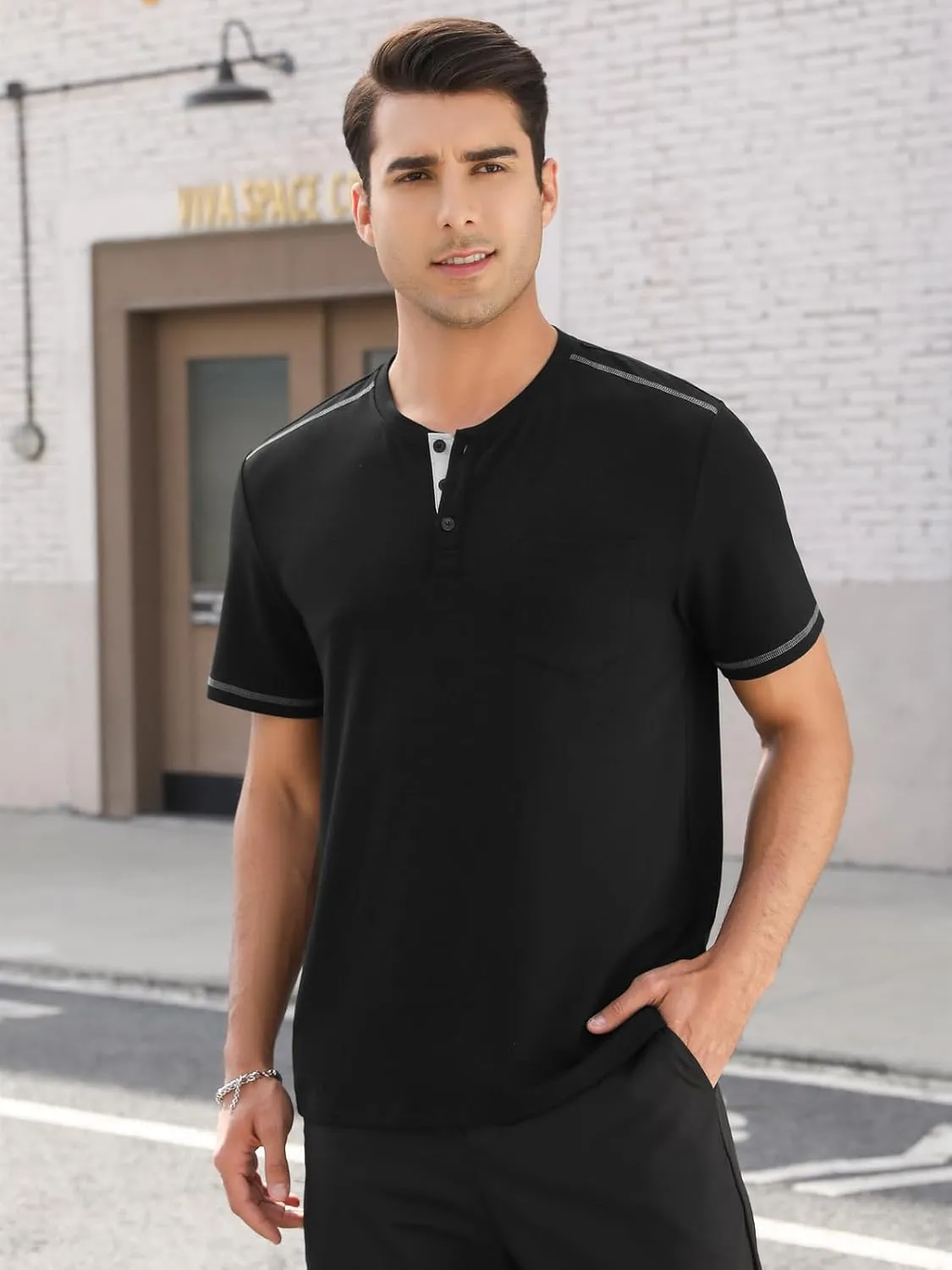 Mens Plain Henley Shirts Short Sleeve Casual Button T Shirts Basic Tee Shirts Summer T-Shirts
