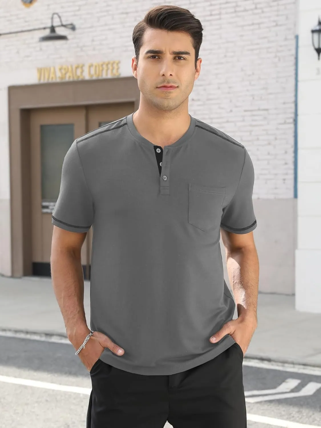 Mens Plain Henley Shirts Short Sleeve Casual Button T Shirts Basic Tee Shirts Summer T-Shirts