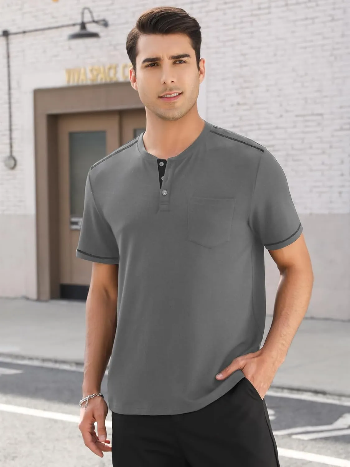 Mens Plain Henley Shirts Short Sleeve Casual Button T Shirts Basic Tee Shirts Summer T-Shirts