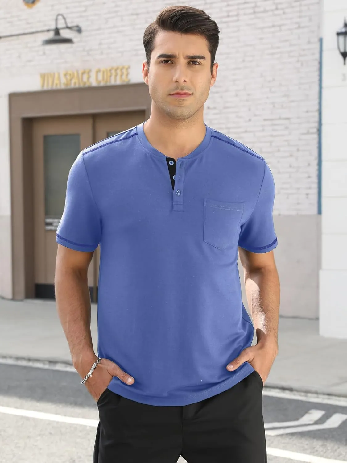 Mens Plain Henley Shirts Short Sleeve Casual Button T Shirts Basic Tee Shirts Summer T-Shirts