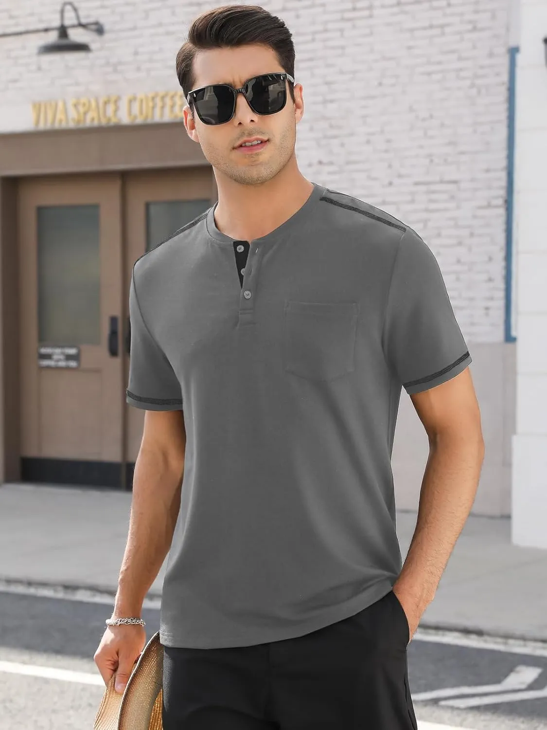 Mens Plain Henley Shirts Short Sleeve Casual Button T Shirts Basic Tee Shirts Summer T-Shirts
