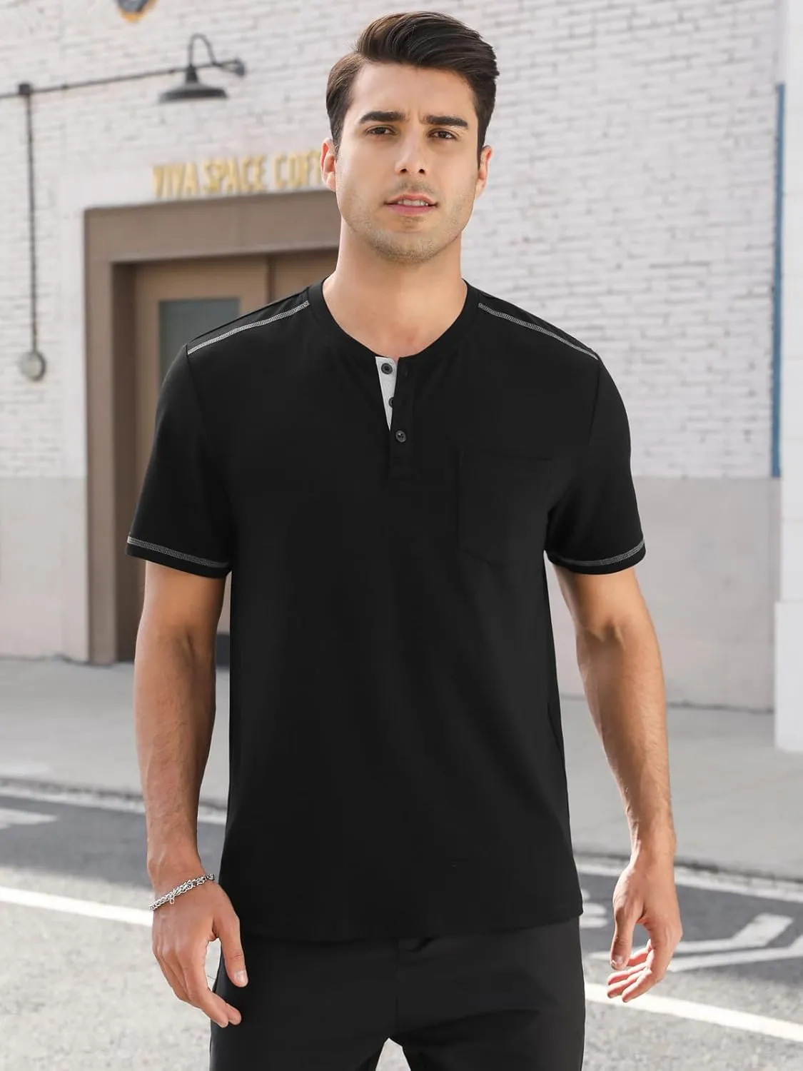 Mens Plain Henley Shirts Short Sleeve Casual Button T Shirts Basic Tee Shirts Summer T-Shirts