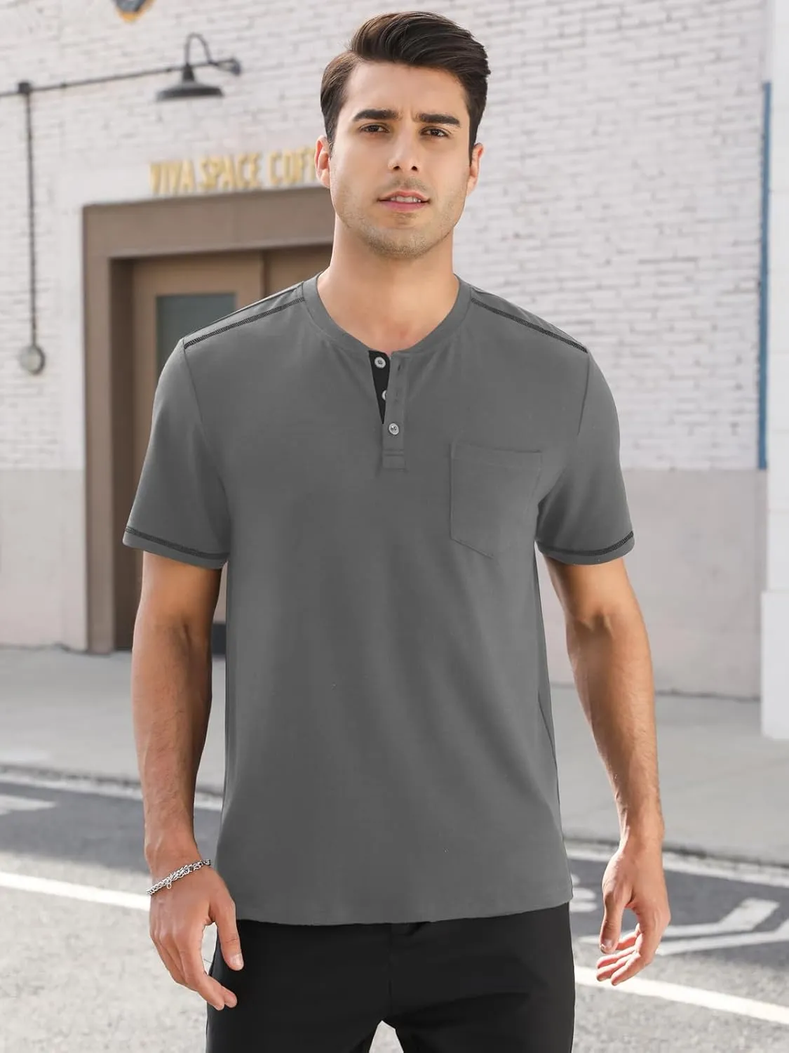 Mens Plain Henley Shirts Short Sleeve Casual Button T Shirts Basic Tee Shirts Summer T-Shirts