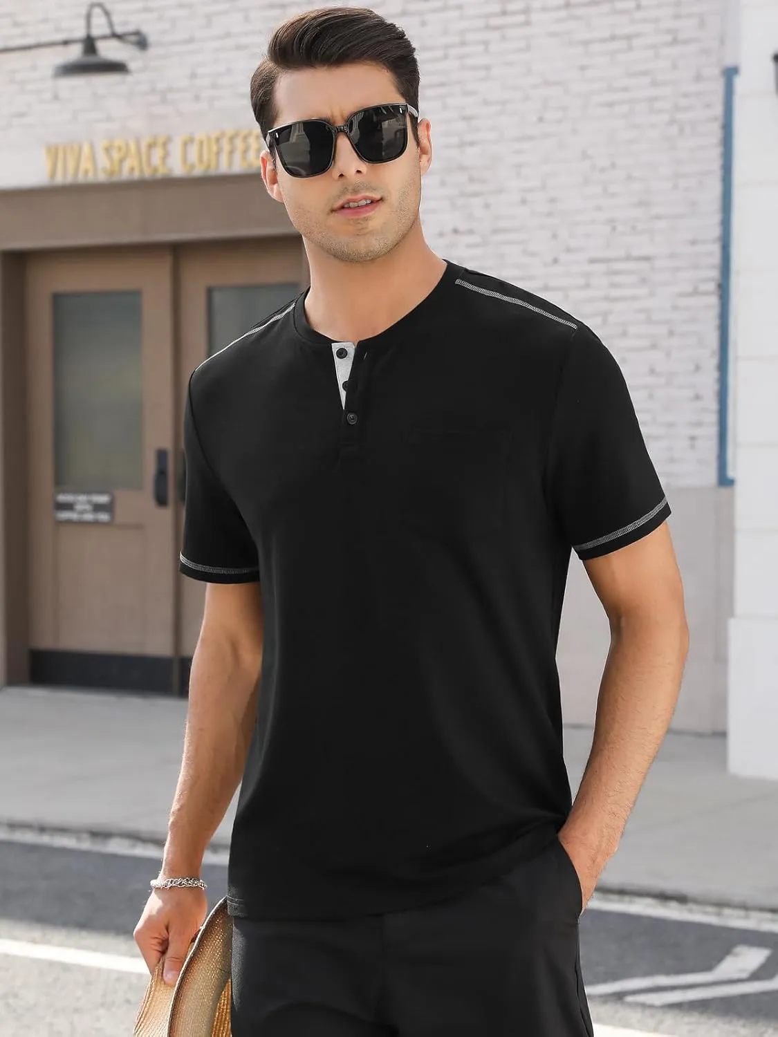 Mens Plain Henley Shirts Short Sleeve Casual Button T Shirts Basic Tee Shirts Summer T-Shirts