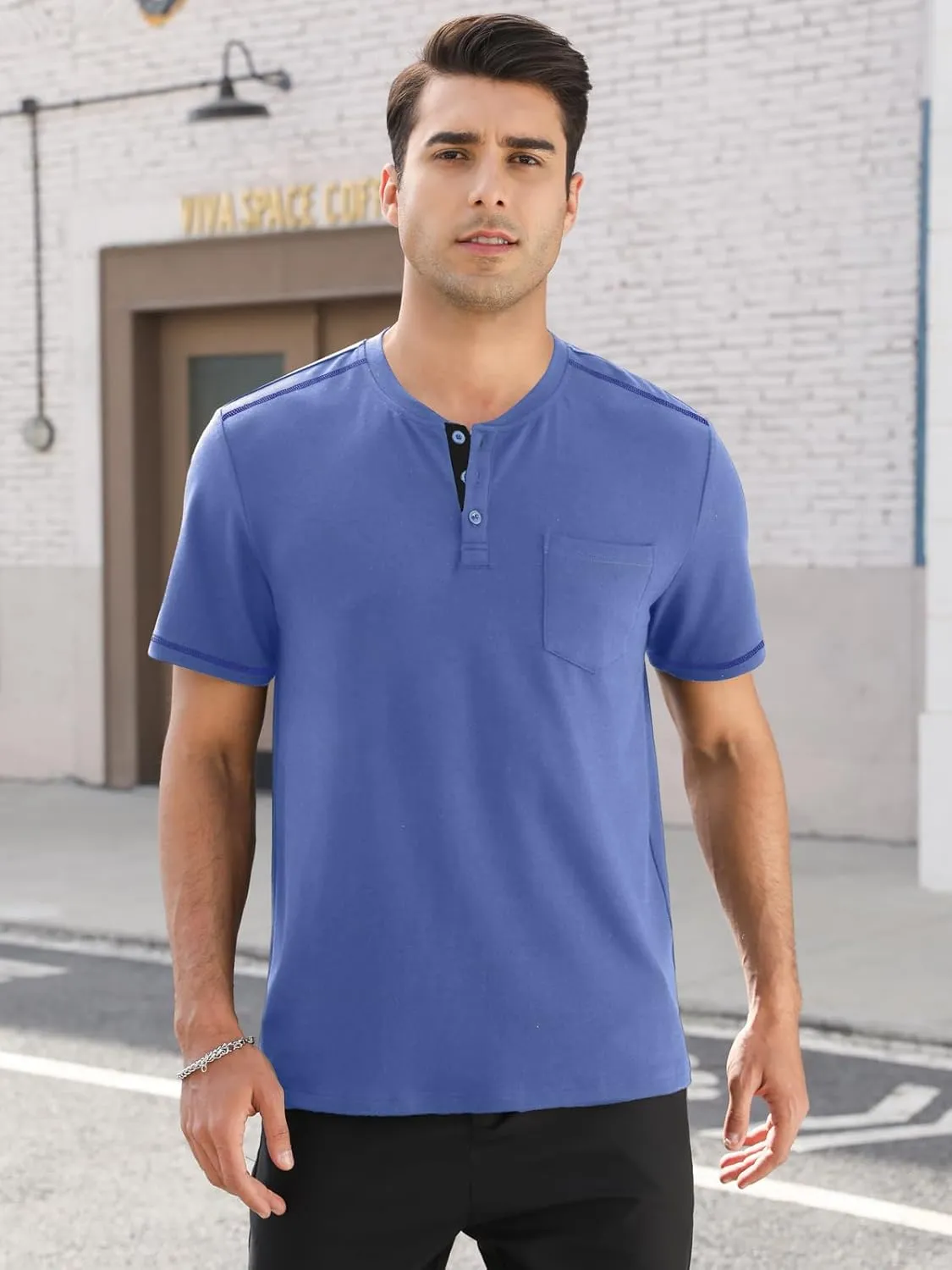 Mens Plain Henley Shirts Short Sleeve Casual Button T Shirts Basic Tee Shirts Summer T-Shirts
