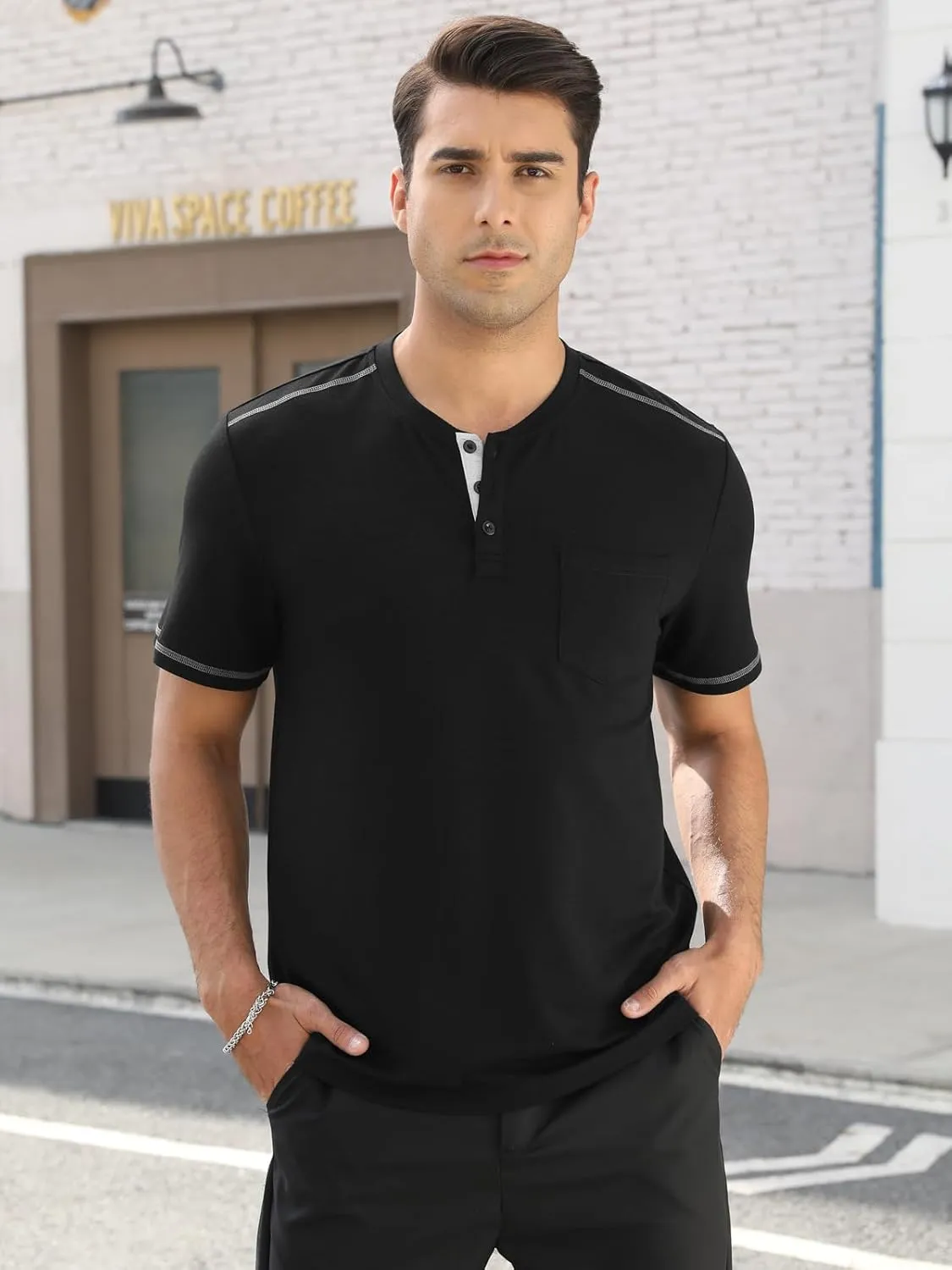 Mens Plain Henley Shirts Short Sleeve Casual Button T Shirts Basic Tee Shirts Summer T-Shirts