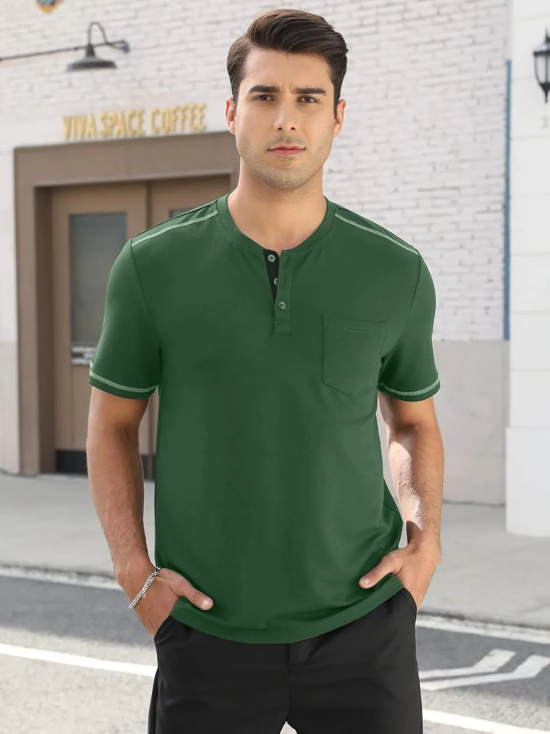 Mens Plain Henley Shirts Short Sleeve Casual Button T Shirts Basic Tee Shirts Summer T-Shirts