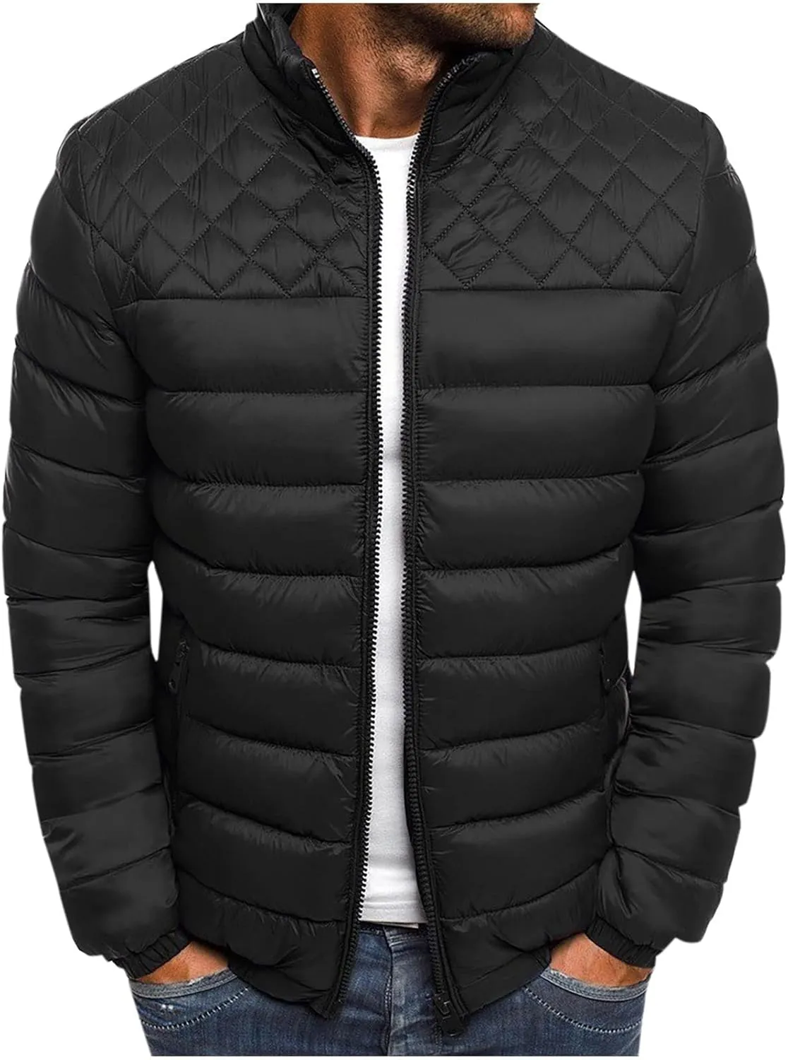 Men's Puffer Jacket Stand Collar Quilted Coat Lightweight Packable Down Jacket Casual Warm Winter Outwear with Pockets