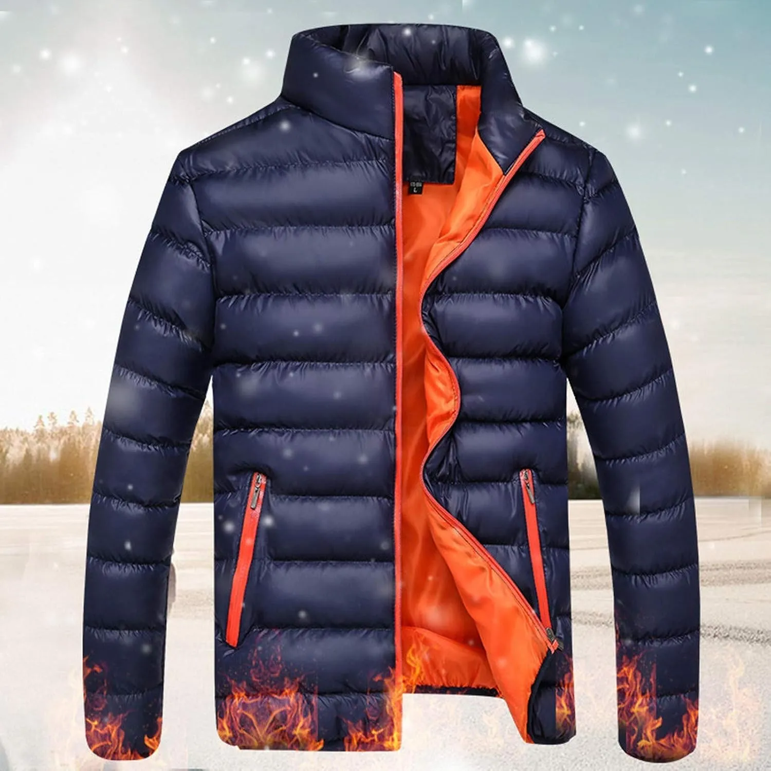 Mens Quilted Puffer Down Jackets Winter Packable Jacket Cotton Padded Full Zip Thick Coats Casual Warm Tops