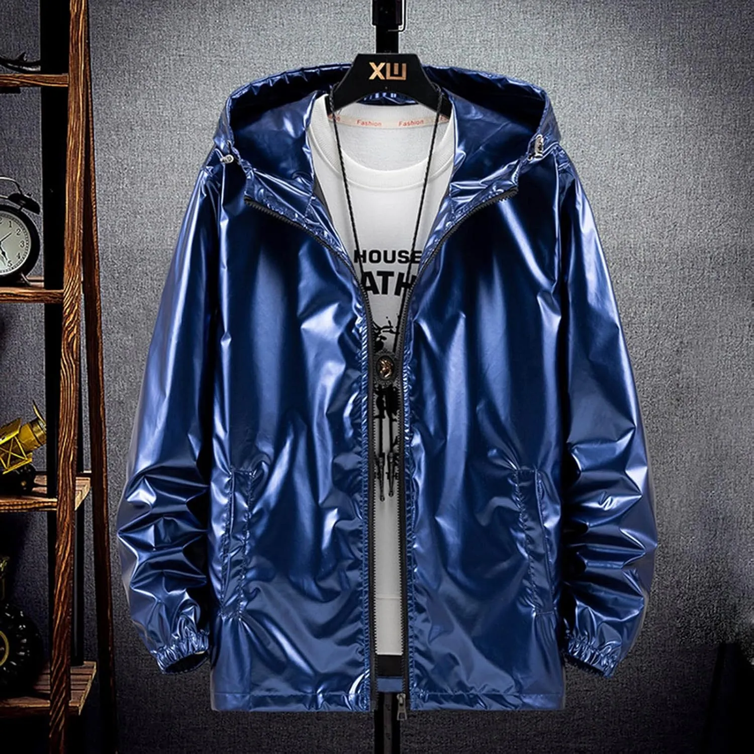 Men's Reflective Trench Jacket Windbreaker Jackets with Hood Lightweight Loose Fit Long Rain Coats Outdoor Jackets