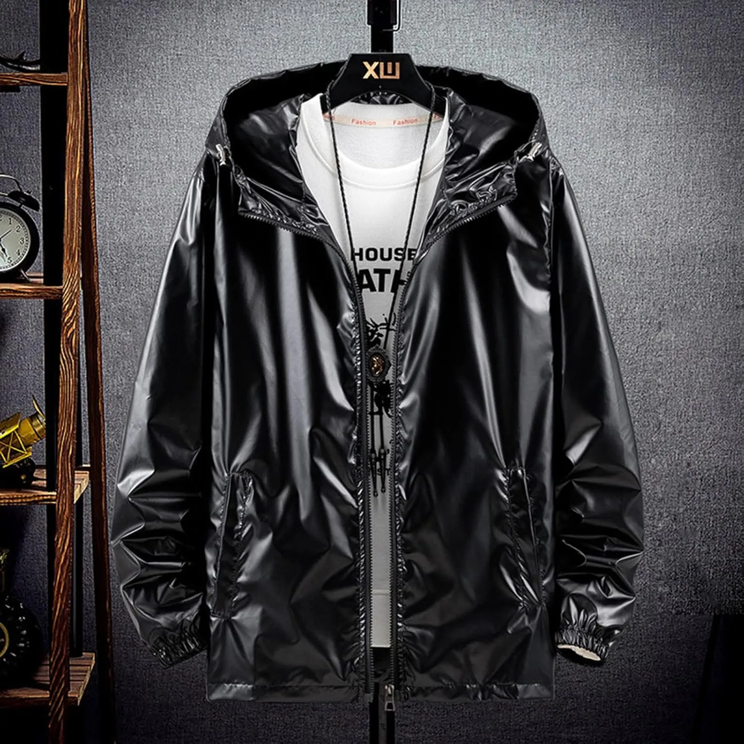 Men's Reflective Trench Jacket Windbreaker Jackets with Hood Lightweight Loose Fit Long Rain Coats Outdoor Jackets
