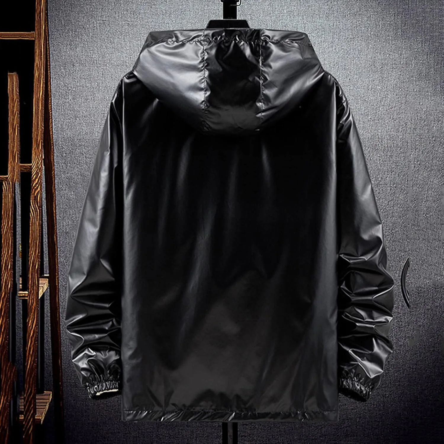 Men's Reflective Trench Jacket Windbreaker Jackets with Hood Lightweight Loose Fit Long Rain Coats Outdoor Jackets