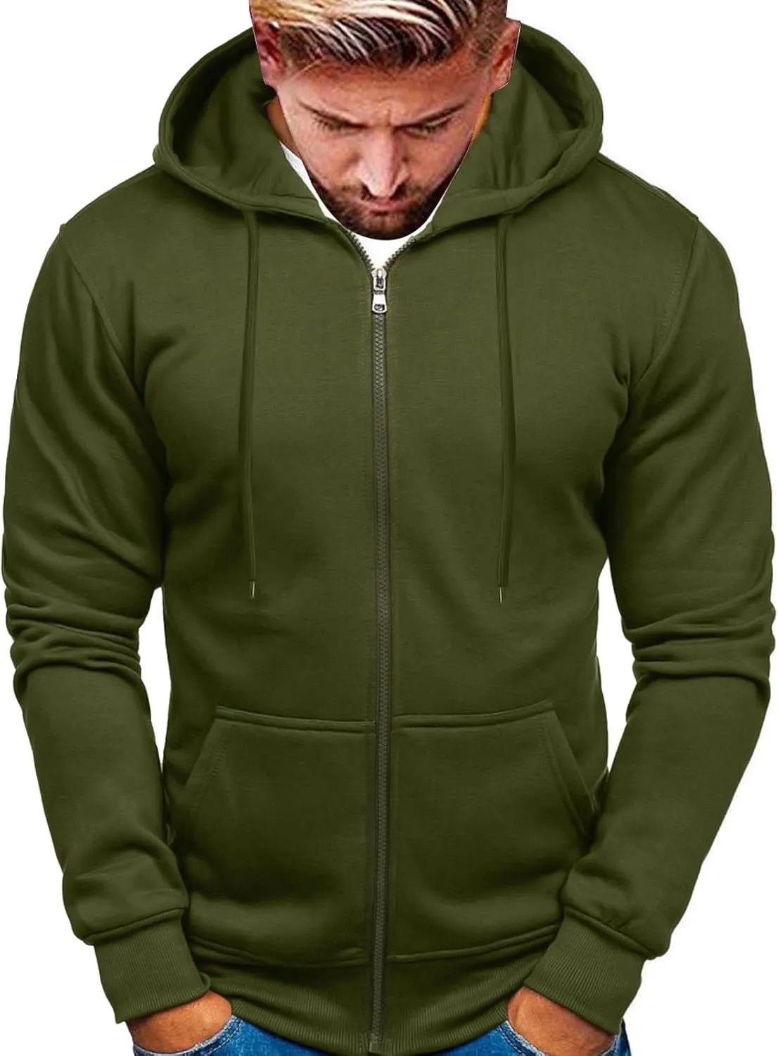 Mens Slim Fit Lightweight Zip Up Hoodie with Pockets Long Sleeve Full Zip Hooded Sweatshirt Drawstring Casual Hoodies