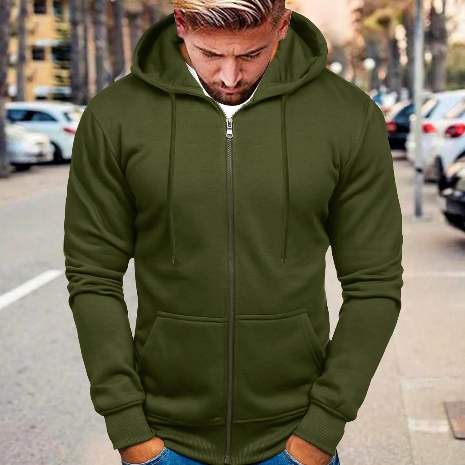 Mens Slim Fit Lightweight Zip Up Hoodie with Pockets Long Sleeve Full Zip Hooded Sweatshirt Drawstring Casual Hoodies