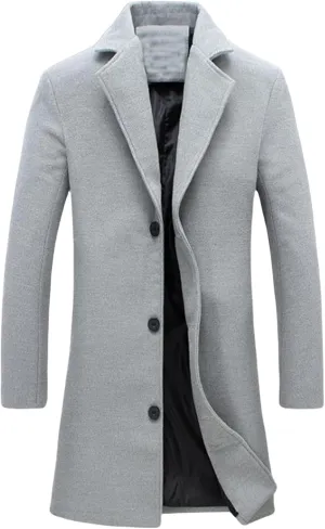 Mens Slim Fit Trench Coat Notched Collar Overcoats Single Breasted Pea Coat Warm Fall Winter Soft Overcoat for Men