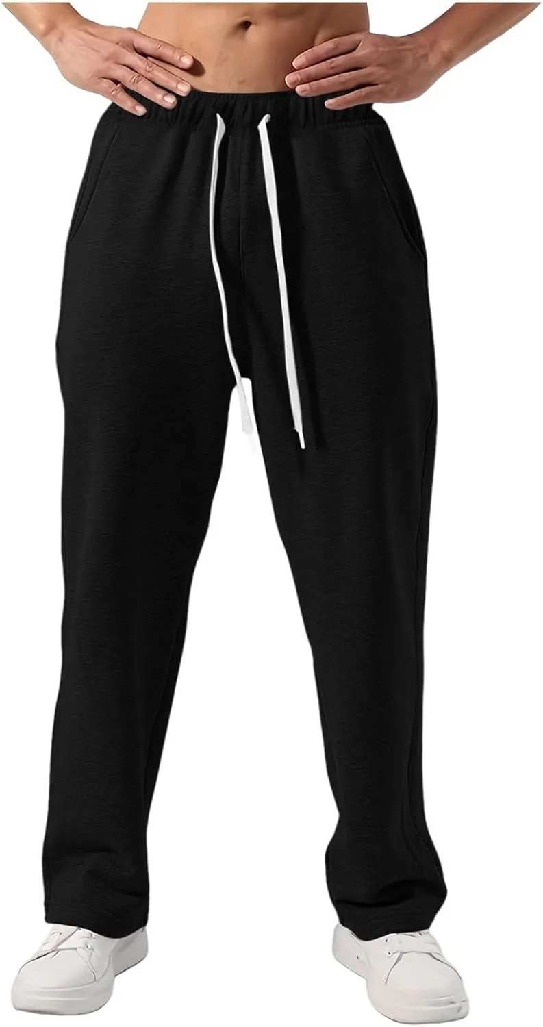 Mens Sweatpants Elastic Waist Drawstring Straight Wide Leg Joggerse Lightweight Outdoor Jogging Workout Pants with Pockets