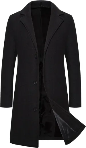 Men's Trench Overcoat Classic Single Breasted Mid Long Trench Coat Top Notched Lapel Collar Pea Coats Jackets for Men