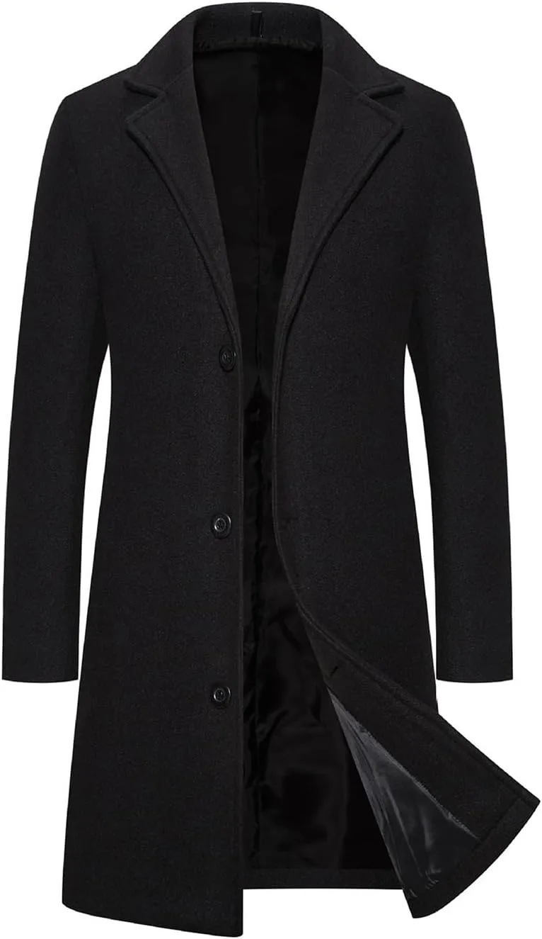 Men's Trench Overcoat Classic Single Breasted Mid Long Trench Coat Top Notched Lapel Collar Pea Coats Jackets for Men