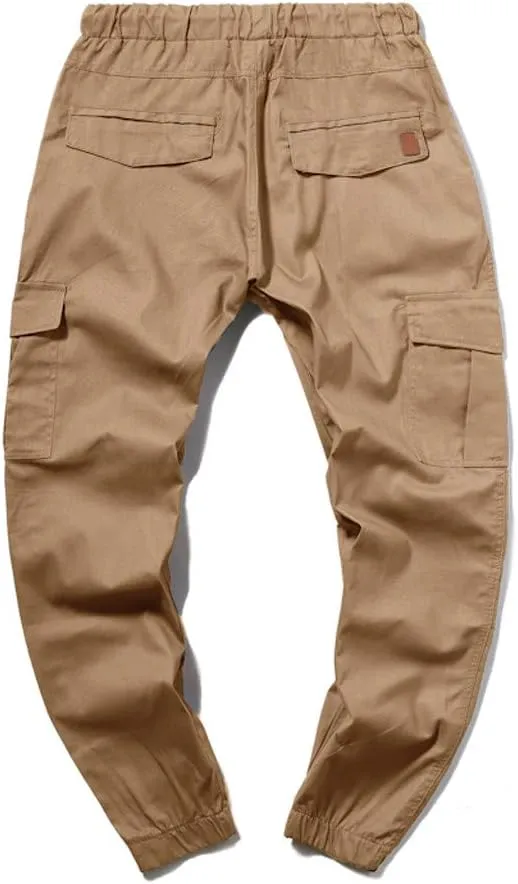 Mens Twill Cotton Joggers Cargo Pants Drawstring Cotton Slim Fit Chino Trousers Casual Fitness Track Jogging Pants
