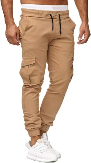 Mens Twill Cotton Joggers Cargo Pants Drawstring Cotton Slim Fit Chino Trousers Casual Fitness Track Jogging Pants