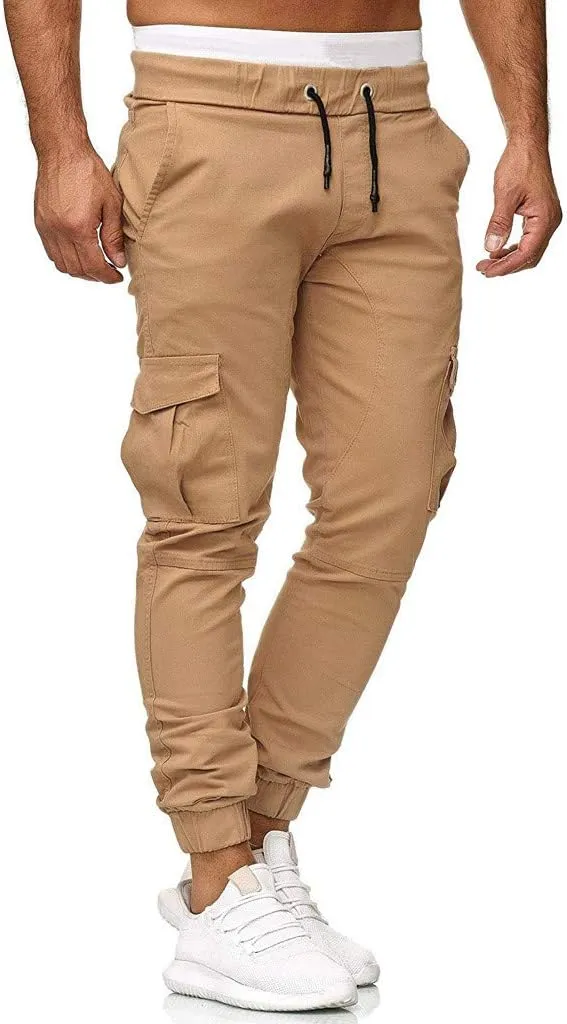 Mens Twill Cotton Joggers Cargo Pants Drawstring Cotton Slim Fit Chino Trousers Casual Fitness Track Jogging Pants