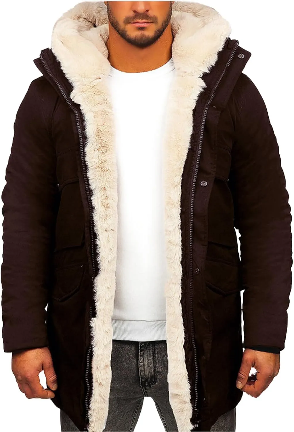 Men's Winter Parka Coat Fleece Lined Long Trench Jacket Hooded Warm Thick Overcoat with Pockets for Outdoor Plus Size