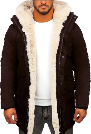 Men's Winter Parka Coat Fleece Lined Long Trench Jacket Hooded Warm Thick Overcoat with Pockets for Outdoor Plus Size