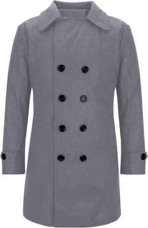Men's Winter Trench Coat Classic Wool Blend Notched Lapel Overcoat Slim Fit Casual Double Breasted Long Pea Topcoat