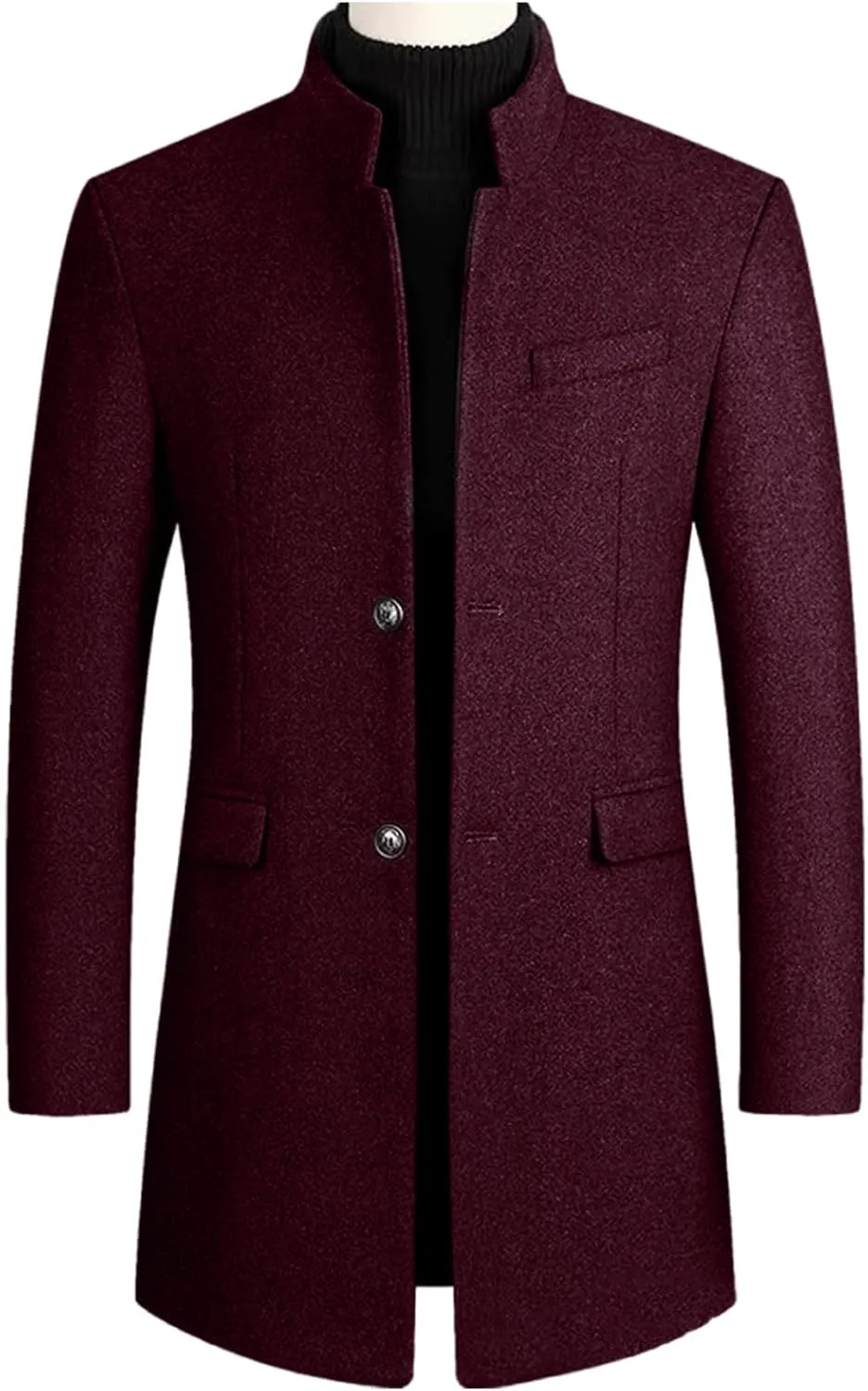 Men's Winter Trench Coat Wool Blend Pea Coat Slim Fit Stand Collar Single Breasted Coats Business Windproof Jacket