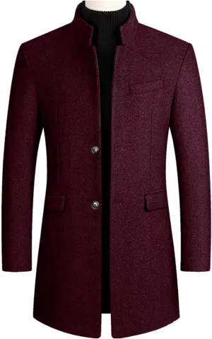 Men's Winter Trench Coat Wool Blend Pea Coat Slim Fit Stand Collar Single Breasted Coats Business Windproof Jacket
