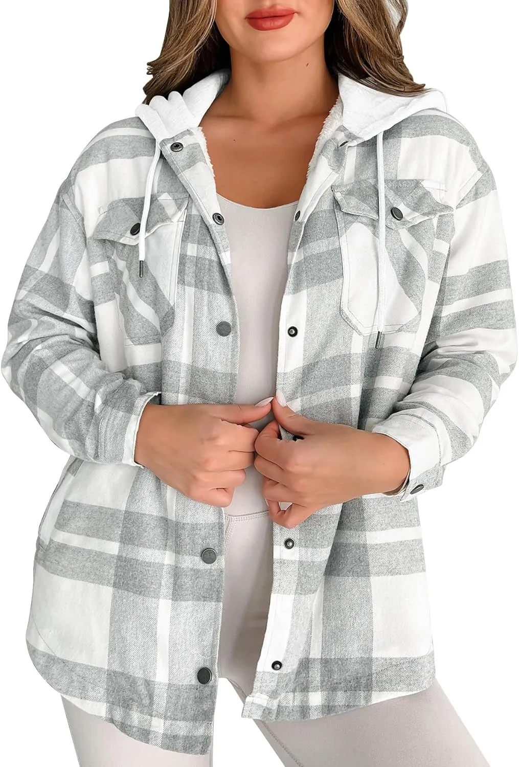 Merryfun Womens 2024 Plaid Shacket Jacket Sherpa Fleece Lined Oversized Button Up Hooded Warm Outwear Coats with Pockets