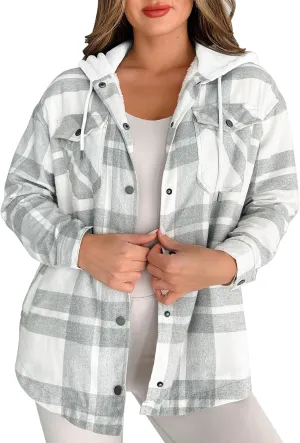 Merryfun Womens 2024 Plaid Shacket Jacket Sherpa Fleece Lined Oversized Button Up Hooded Warm Outwear Coats with Pockets