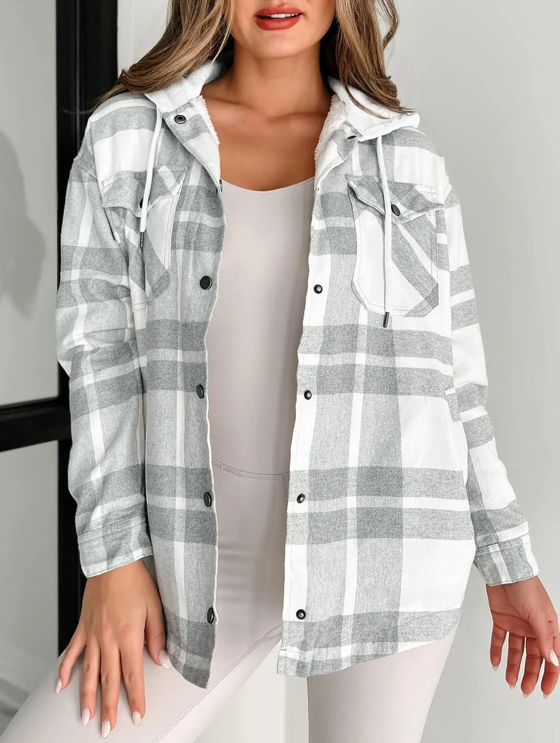 Merryfun Womens 2024 Plaid Shacket Jacket Sherpa Fleece Lined Oversized Button Up Hooded Warm Outwear Coats with Pockets
