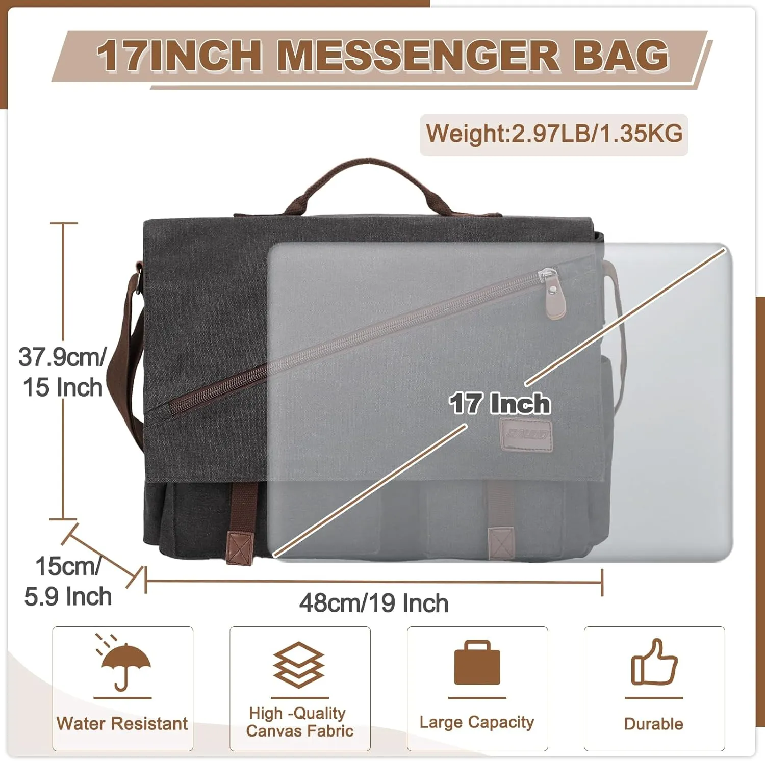 Messenger Bag for Men,Water Resistant Canvas Satchel 14 15.6 17 Inch Laptop Briefcases Business Shoulder Bag by RAVUO
