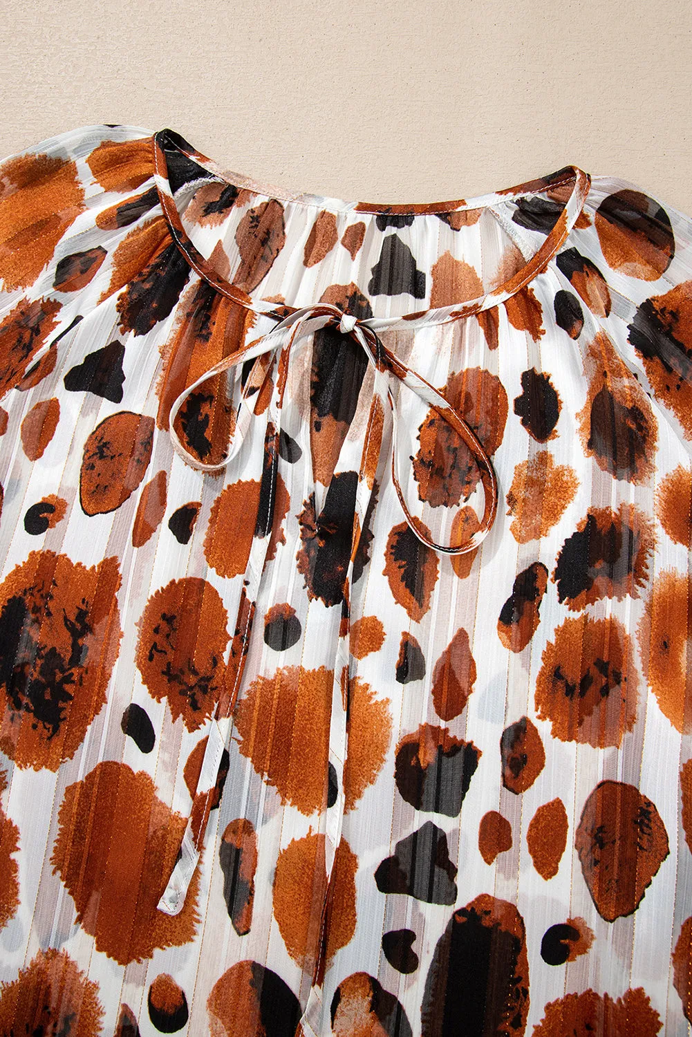 Metallic Threading Accents Pleated Abstract Printed Ruffled 3/4 Sleeve Blouse
