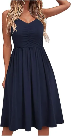 Midi Dresses for Women 2025 Sleeveless Summer Beach Dress Casual Loose V Neck Sundress Spaghetti Strap Beach Dresses