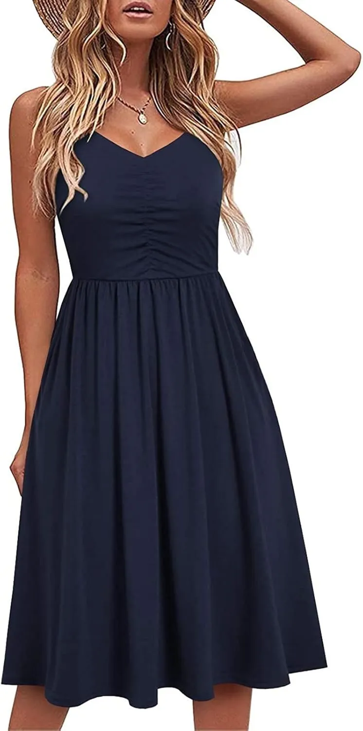 Midi Dresses for Women 2025 Sleeveless Summer Beach Dress Casual Loose V Neck Sundress Spaghetti Strap Beach Dresses