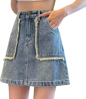 Mini Jean Skirts for Women High Waisted Trendy Casual Denim Short Skirt Streetwear Outdoor Vintage Skirt Blue, XXXXL