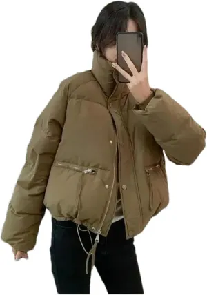 Mnjyihy Women Cotton-Padded Jacket Casual Long Sleeve Thicken Stand Collar Puffer Jacket Winter Short Down Coat