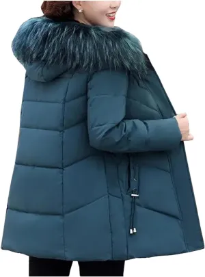 Mnjyihy Women's Puffer Jacket Casual Long Hooded Thick Warm Cotton Padded Coat Winter Slim Down Jacket