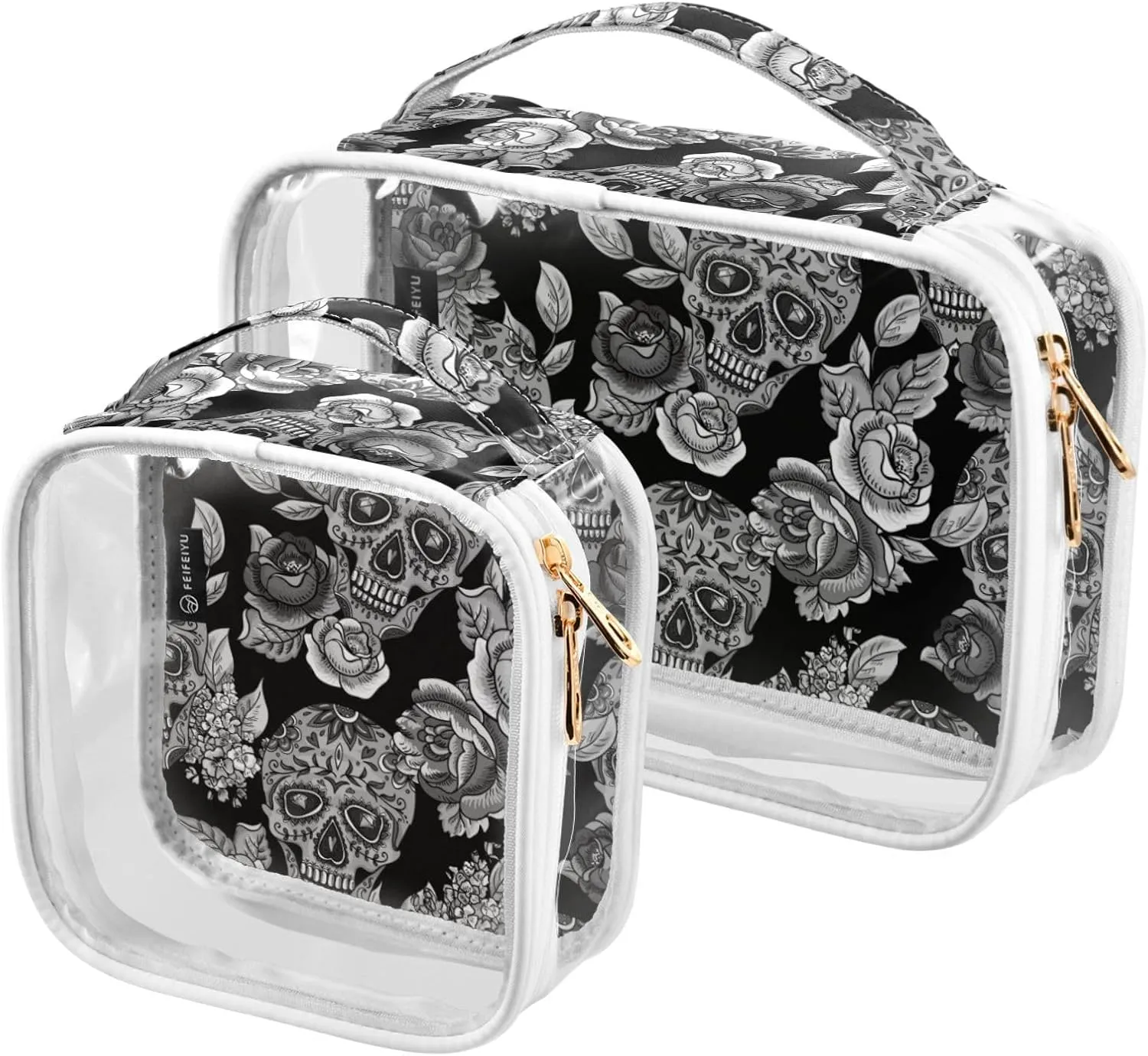 MNSRUU Clear Makeup Bags Black and Grey Skull Toiletry Bag for Women 2 PCS Waterproof Clear Bags Clear Travel Toiletry Bag Small Cosmetic Makeup Bag, Carry on Airport Airline Compliant Bag