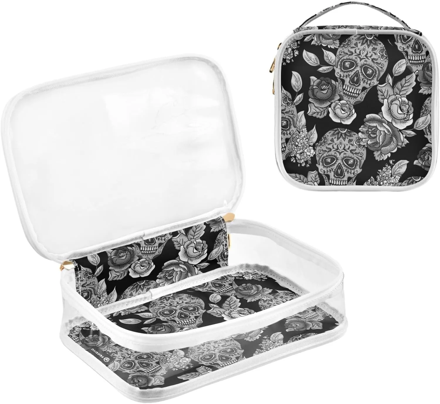 MNSRUU Clear Makeup Bags Black and Grey Skull Toiletry Bag for Women 2 PCS Waterproof Clear Bags Clear Travel Toiletry Bag Small Cosmetic Makeup Bag, Carry on Airport Airline Compliant Bag