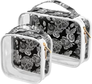 MNSRUU Clear Makeup Bags Black and Grey Skull Toiletry Bag for Women 2 PCS Waterproof Clear Bags Clear Travel Toiletry Bag Small Cosmetic Makeup Bag, Carry on Airport Airline Compliant Bag