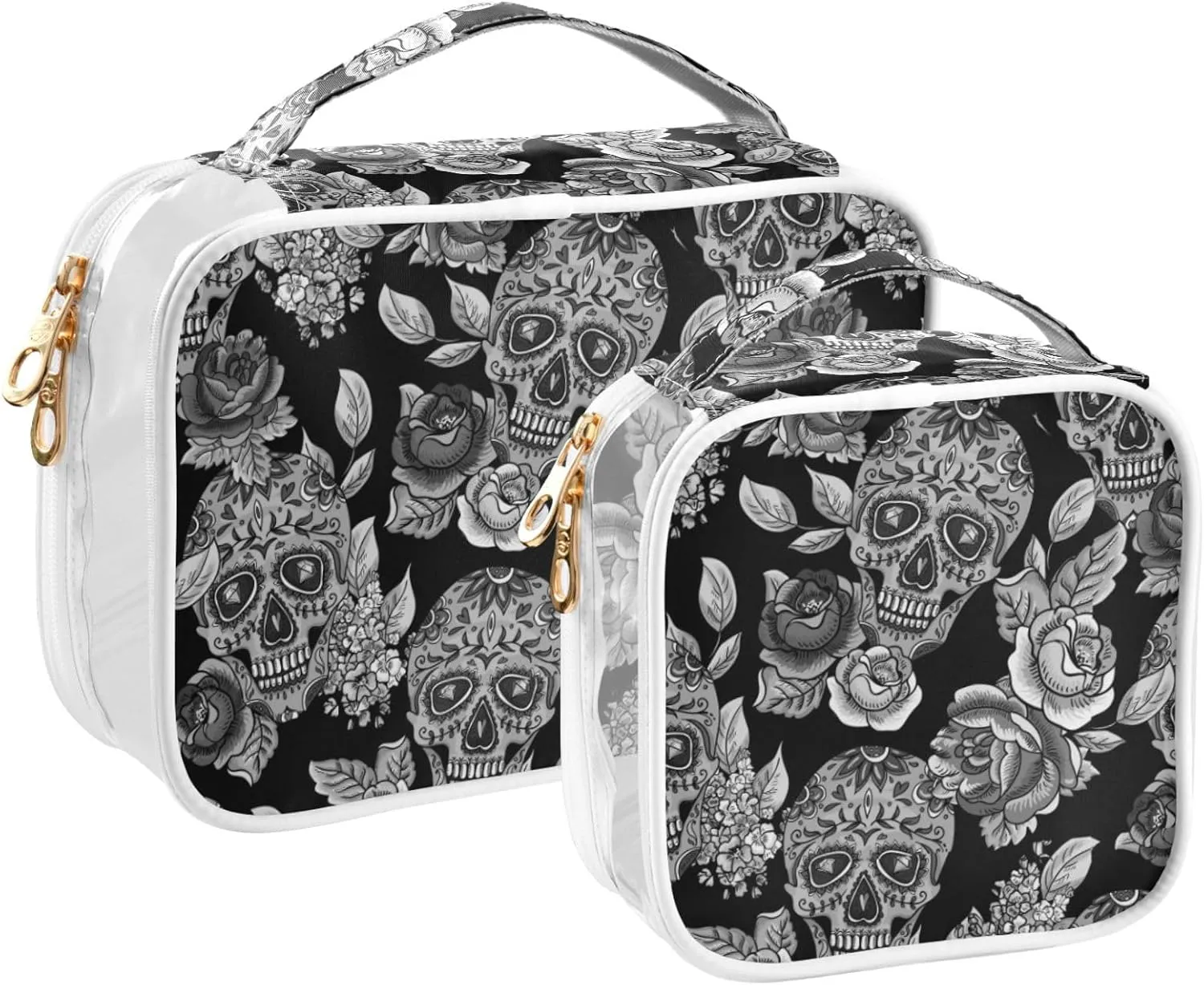 MNSRUU Clear Makeup Bags Black and Grey Skull Toiletry Bag for Women 2 PCS Waterproof Clear Bags Clear Travel Toiletry Bag Small Cosmetic Makeup Bag, Carry on Airport Airline Compliant Bag