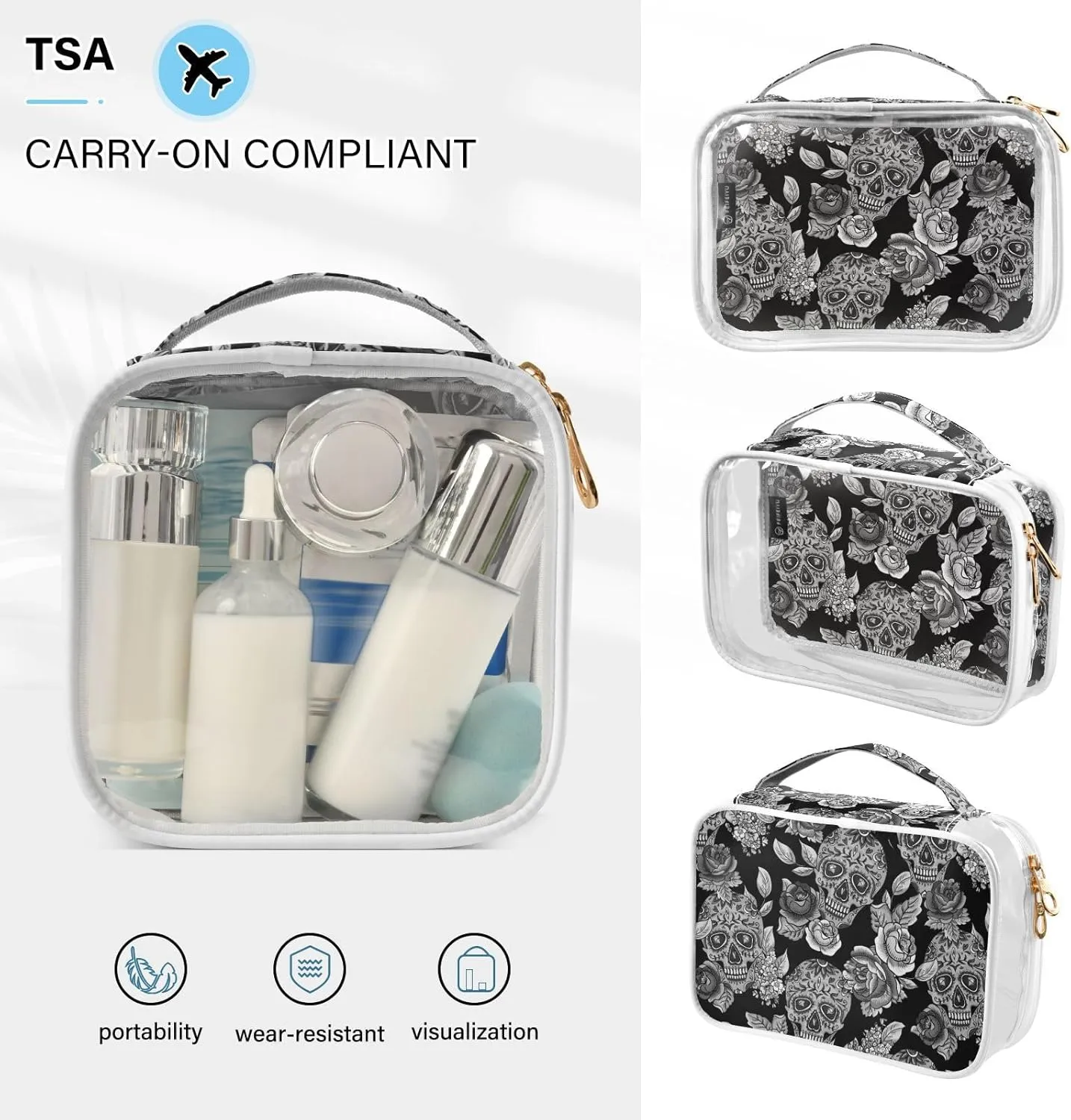 MNSRUU Clear Makeup Bags Black and Grey Skull Toiletry Bag for Women 2 PCS Waterproof Clear Bags Clear Travel Toiletry Bag Small Cosmetic Makeup Bag, Carry on Airport Airline Compliant Bag