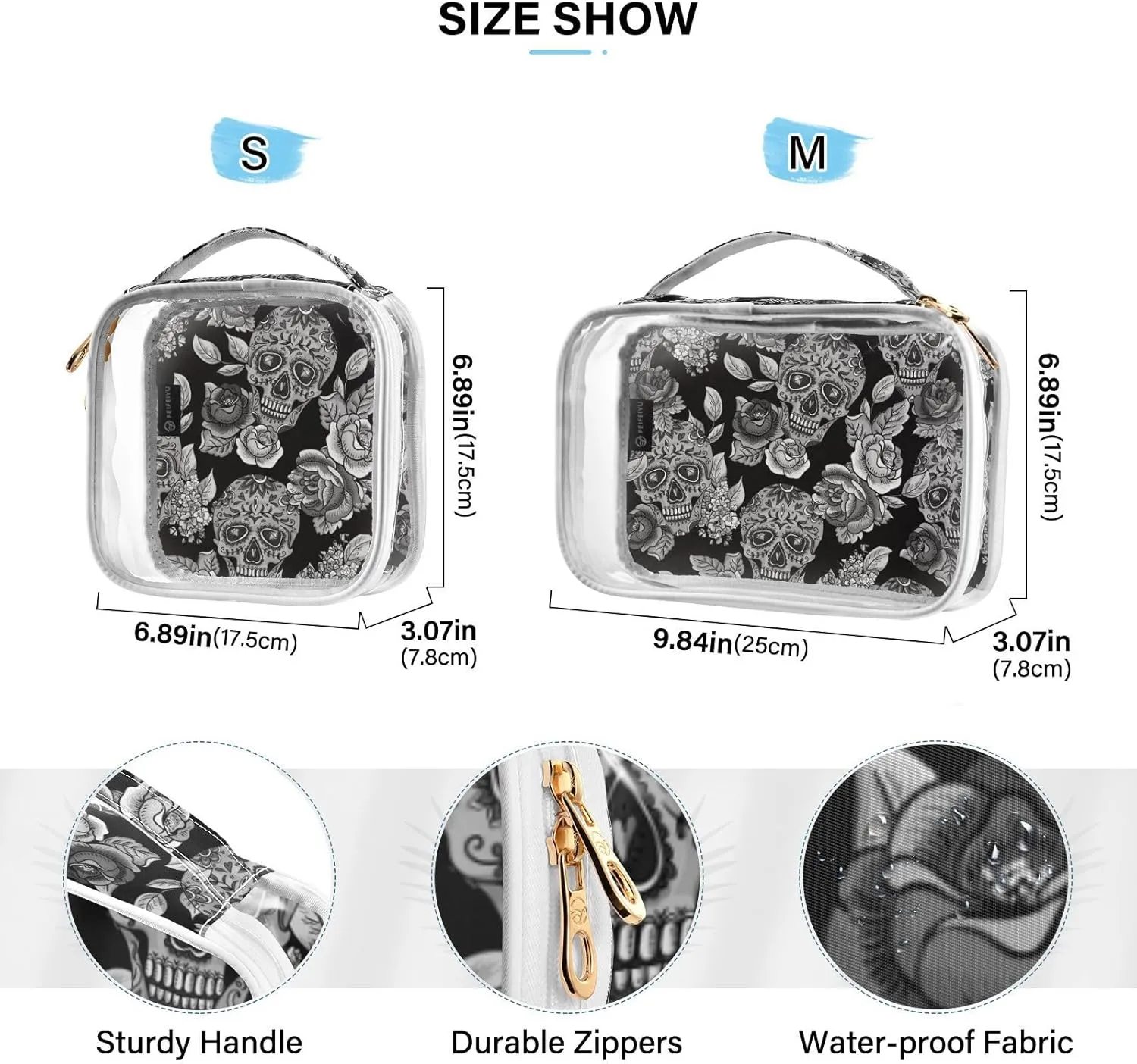 MNSRUU Clear Makeup Bags Black and Grey Skull Toiletry Bag for Women 2 PCS Waterproof Clear Bags Clear Travel Toiletry Bag Small Cosmetic Makeup Bag, Carry on Airport Airline Compliant Bag